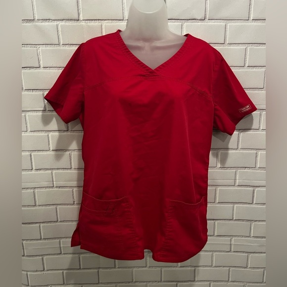 CHEROKEE workwear women red v-neck scrubs top/size M - Picture 1 of 6